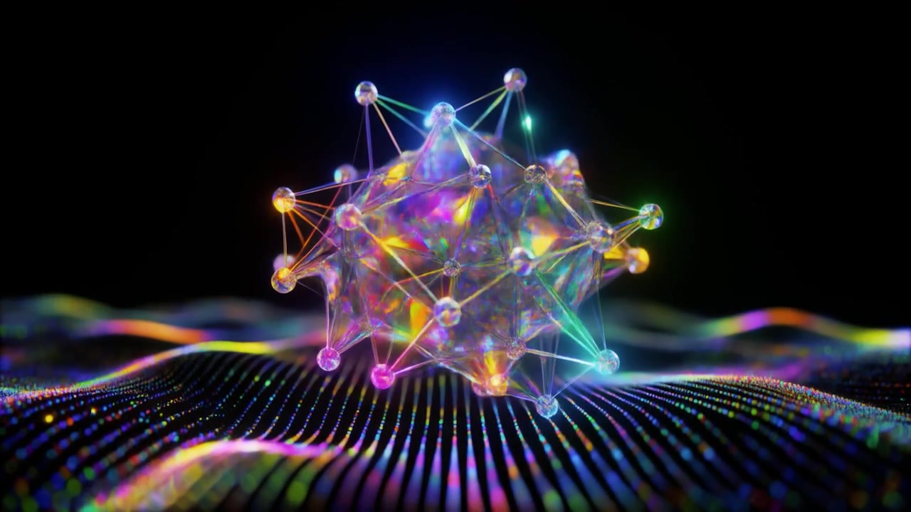 Jaringan Kristal Geometris Abstrak dengan Node Bercahaya dan Gelombang Digital