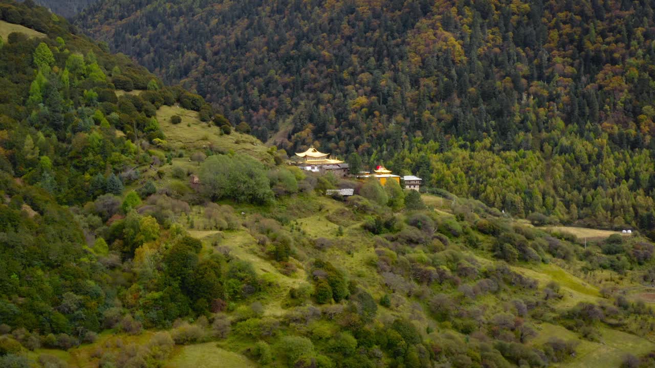 templo del monasterio asiático dorado escondido en el verde pintoresco bosque de otoño