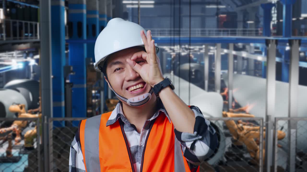미소 짓는 공장 노동자가  제스처를 하고 있습니다.