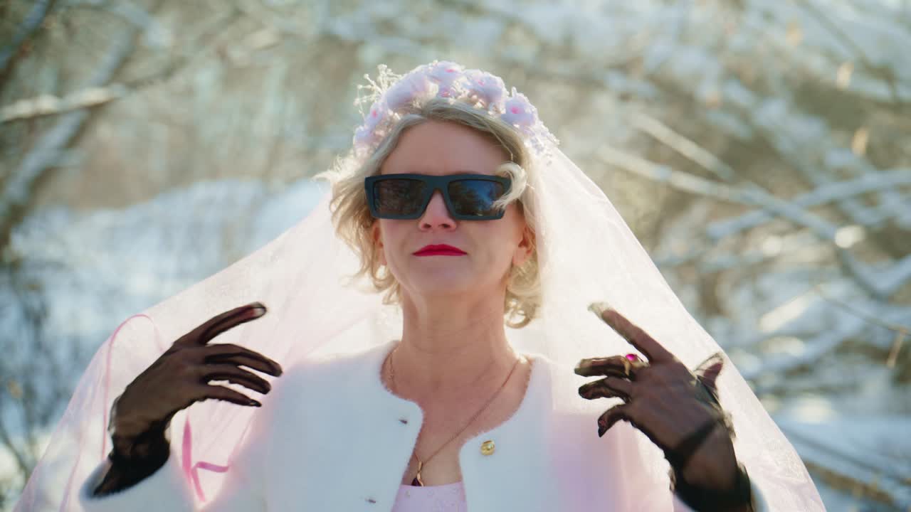 Sposa matura eccentrica con velo da sposa e occhiali da sole in un inverno innevato.