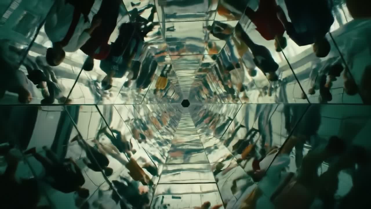 A Mesmerizing Perspective: The Complex Interplay of Reflections in a Mirrored Environment Capturing Multiple Figures and Distorted Realities