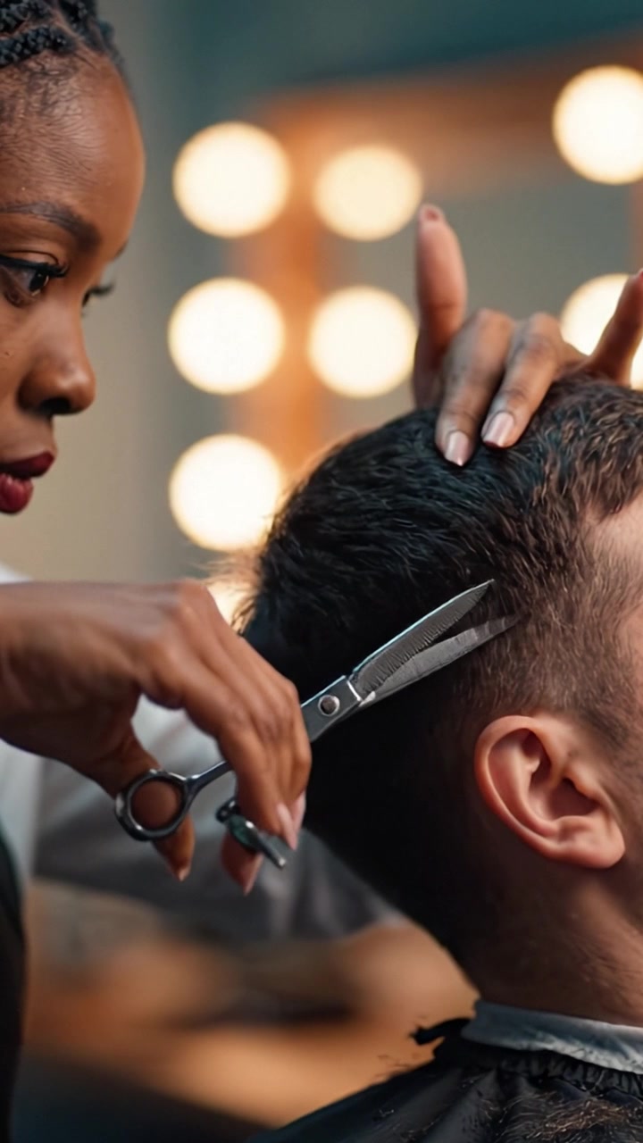 Un barbiere esperto taglia i capelli con cura, mettendo in mostra precisione e stile in una barberia luminosa con riflessi di luce glamour e attenzione ai dettagli