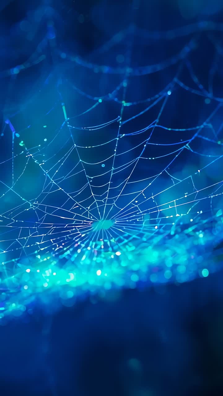 Vertical video: Showing spider web shimmering with dew droplets at dawn, with blue-green bokeh