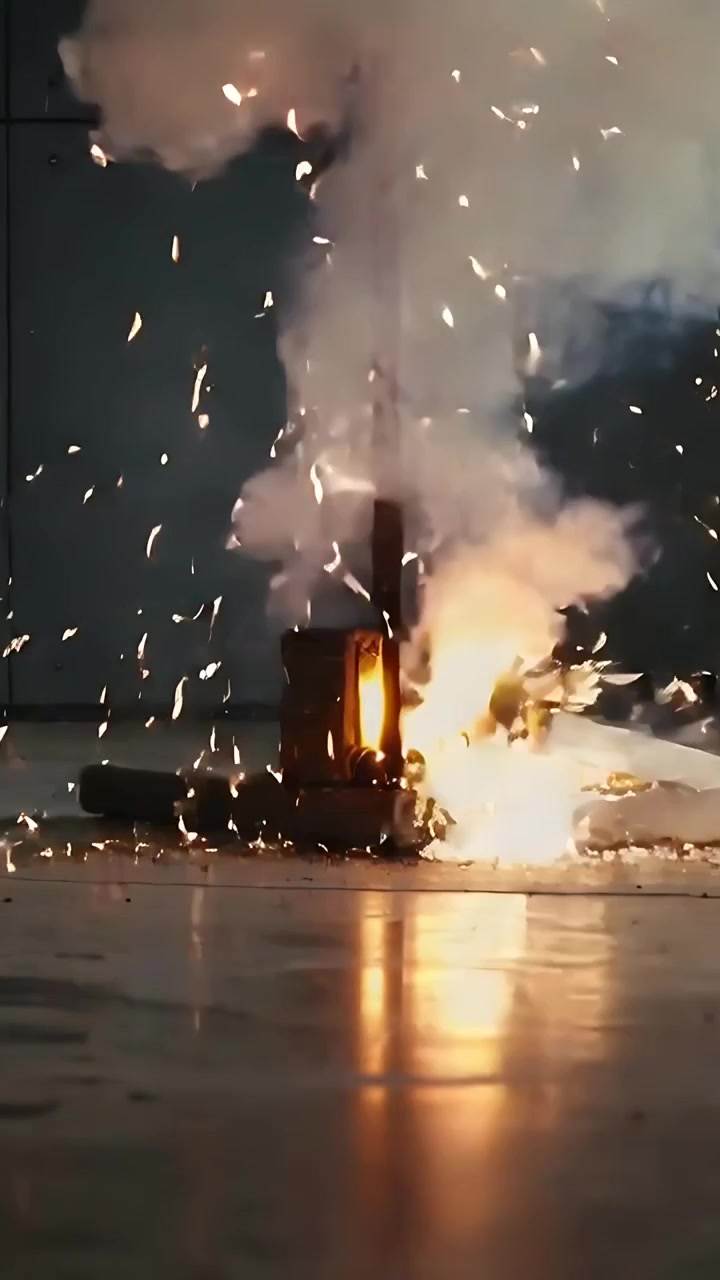 Vertical video: Igniting charges at metal post base, fixture ejecting sparks and smoke on floor
