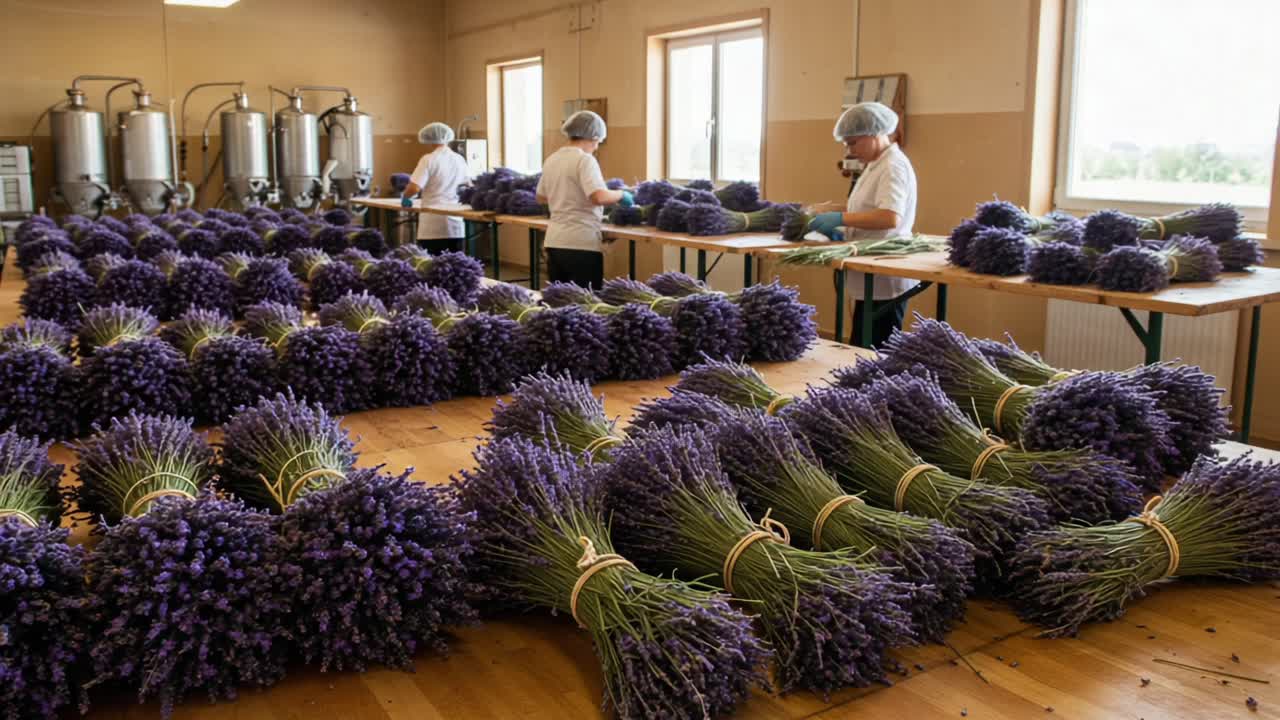 Workers Carefully Arrange Freshly Harvested Lavender Bundles in a Bright Workshop, Showcasing the Art of Lavender Processing and Preparation for Market Display