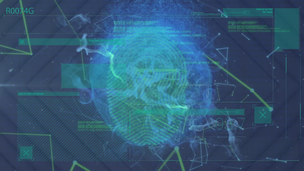 Animation of plexus networks and data processing over biometric fingerprint scanner