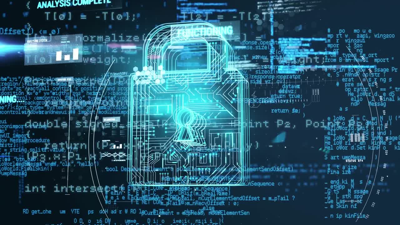 Animation of online security padlock over glowing blue data processing