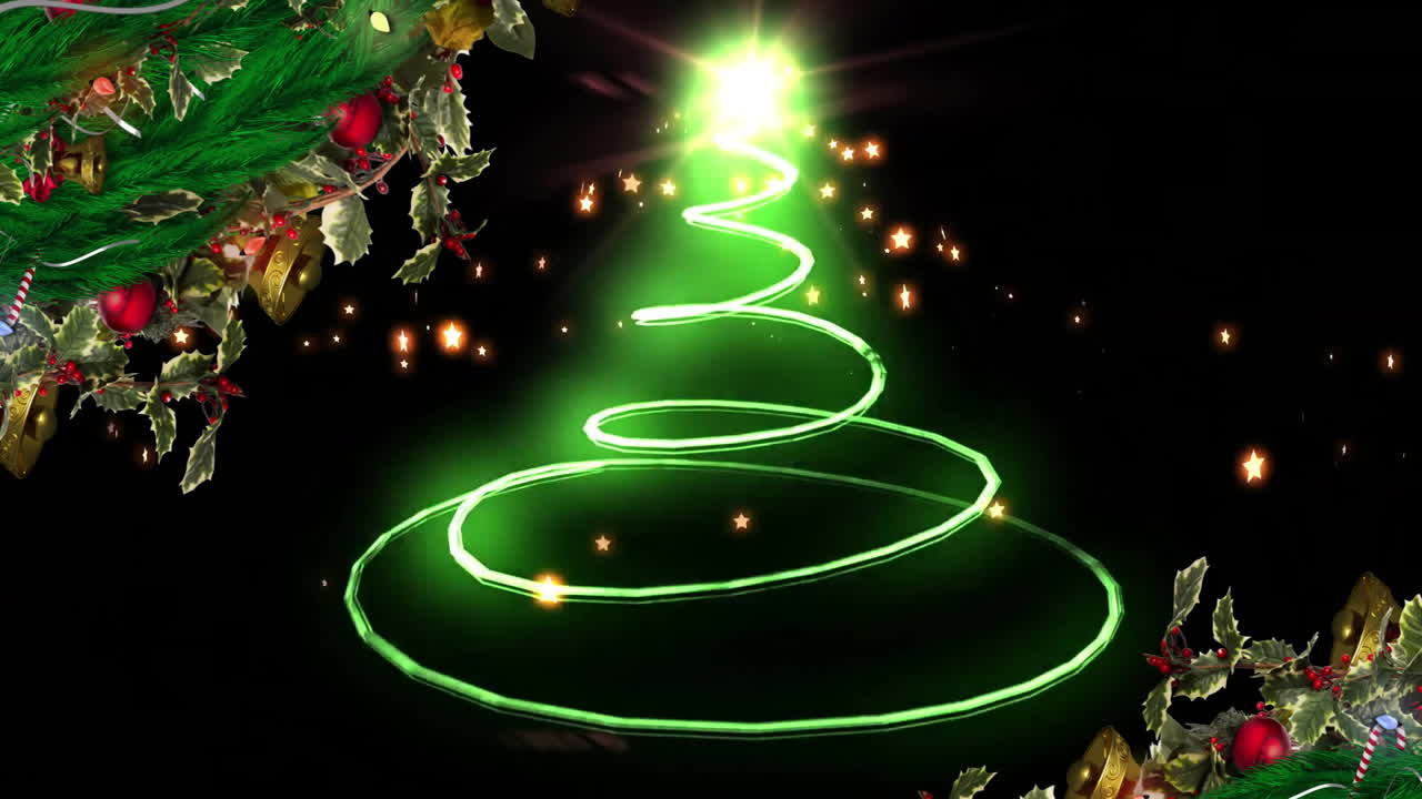 Animation of christmas wreaths and tree on black background