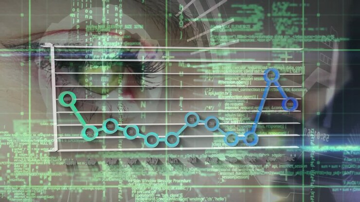 Animation of data processing over eyes of caucasian woman