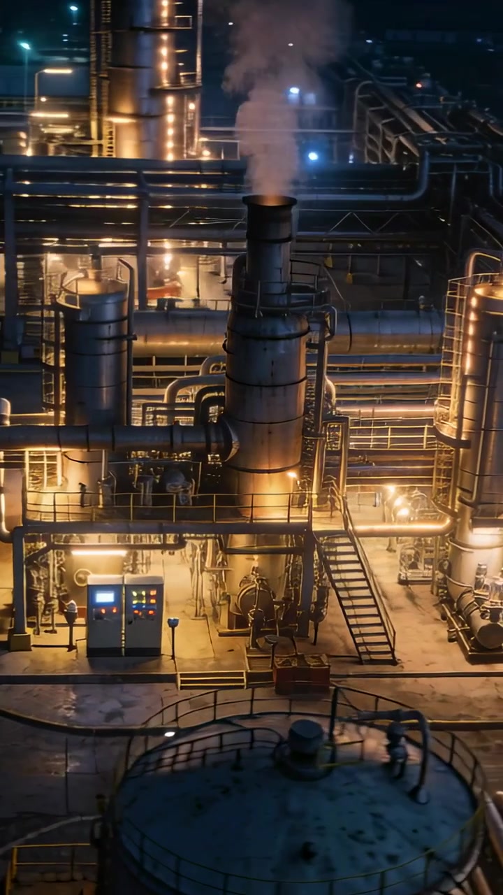 Vertical video: Timed camera pan revealing central stack emitting steam at night, pipes visible