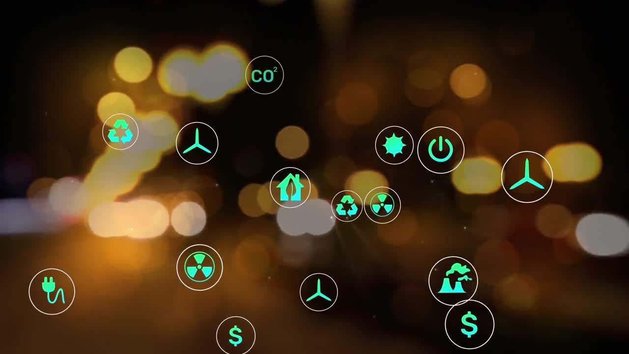 animación de múltiples iconos digitales contra la vista borrosa del tráfico nocturno de la ciudad
