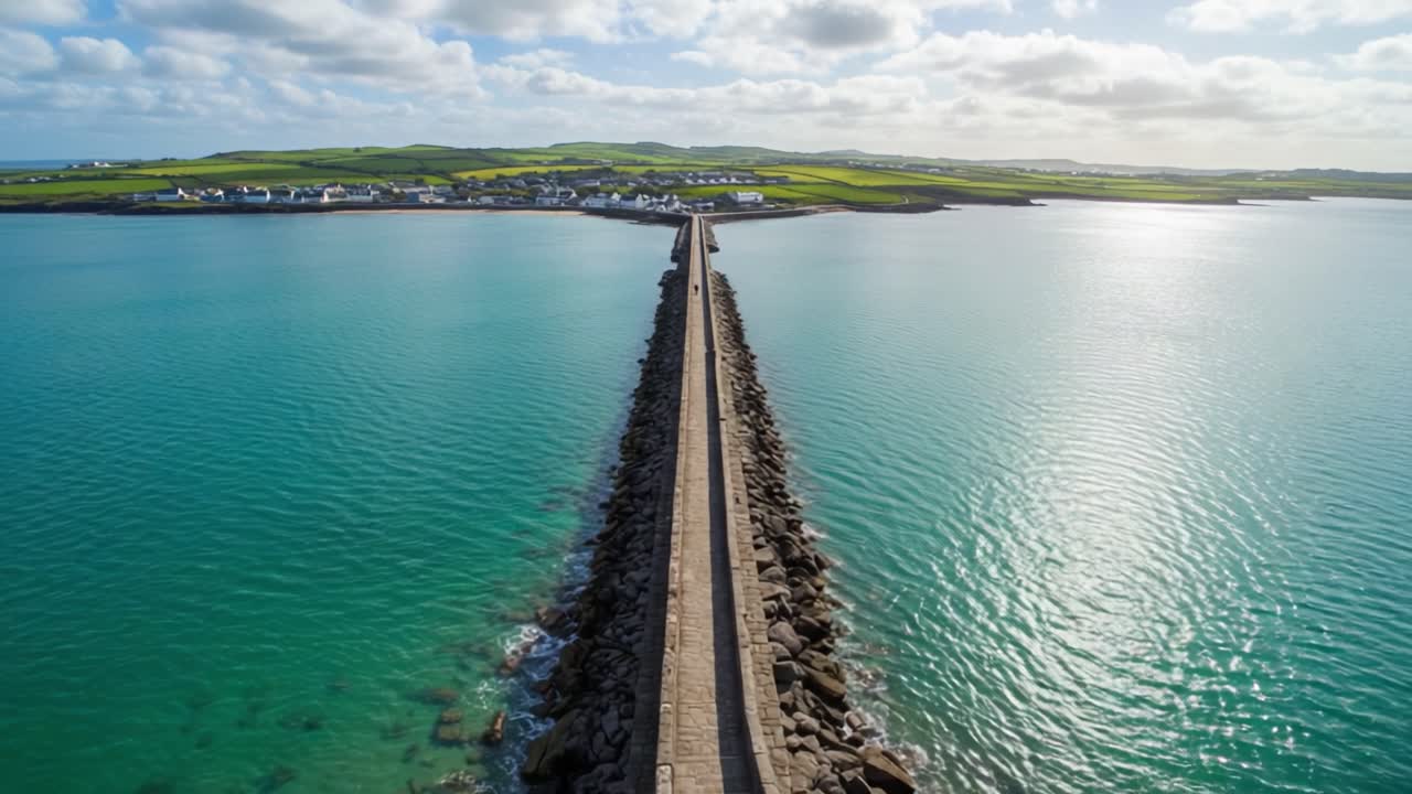 A Serene Pathway: The Expansive View of a Coastal Jetty Stretching into the Calm Turquoise Waters with Lush Green Hillsides in the Background