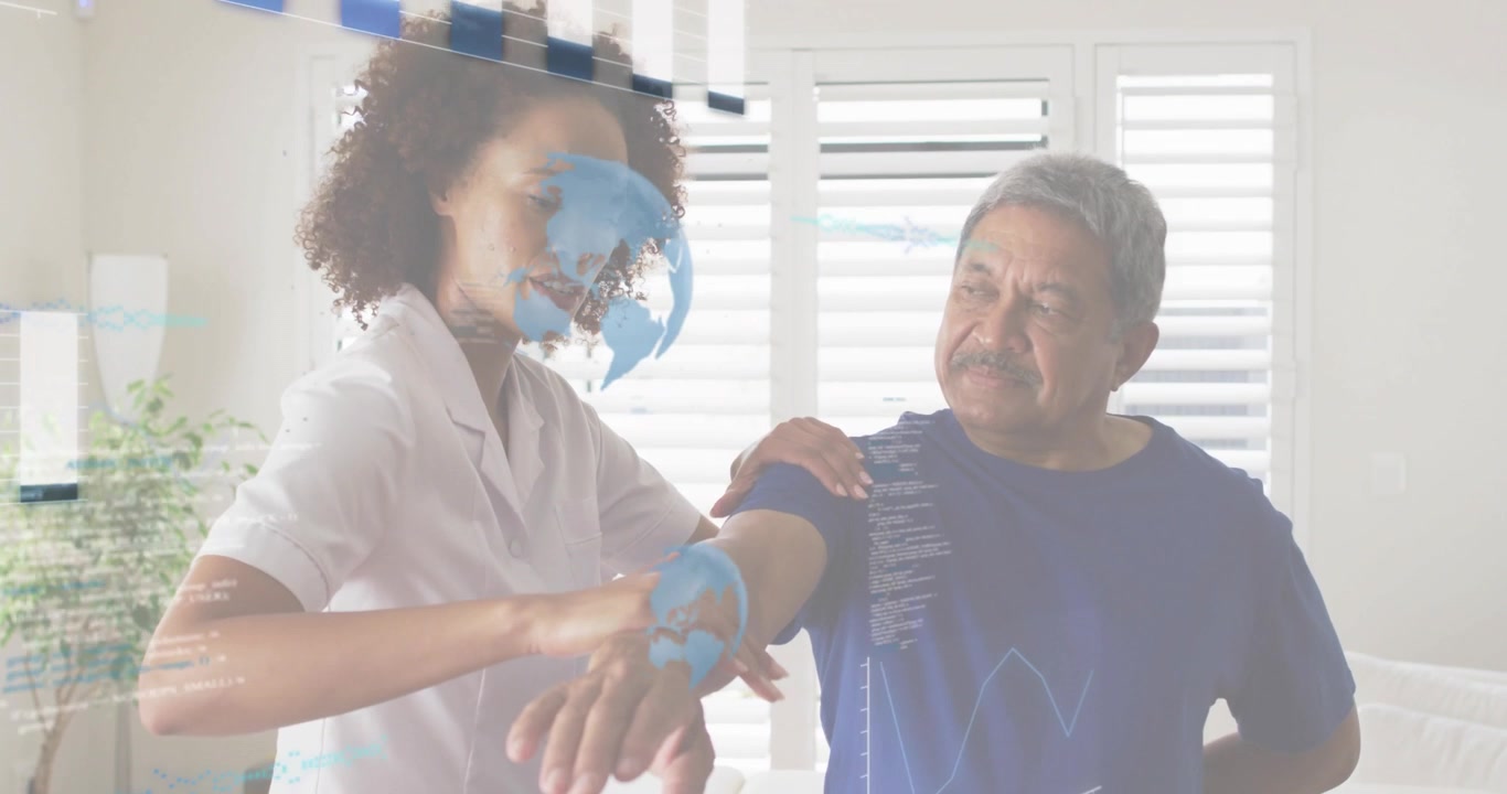 Fisioterapeuta levantando el antebrazo del paciente e iniciando gráficos de barras animados midiendo la movilidad
