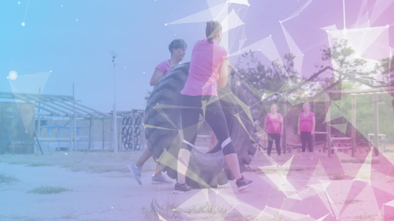 animación de formas sobre diversas mujeres en una carrera de obstáculos llevando un neumático