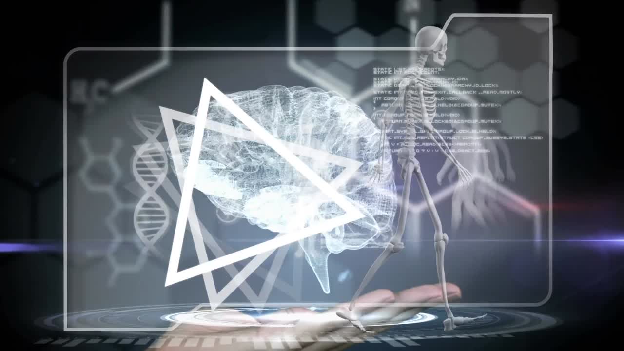 삼각형과 골격 모델의 애니메이션 검은 바탕에 디지털 뇌를  ⁇ 고 있는 손