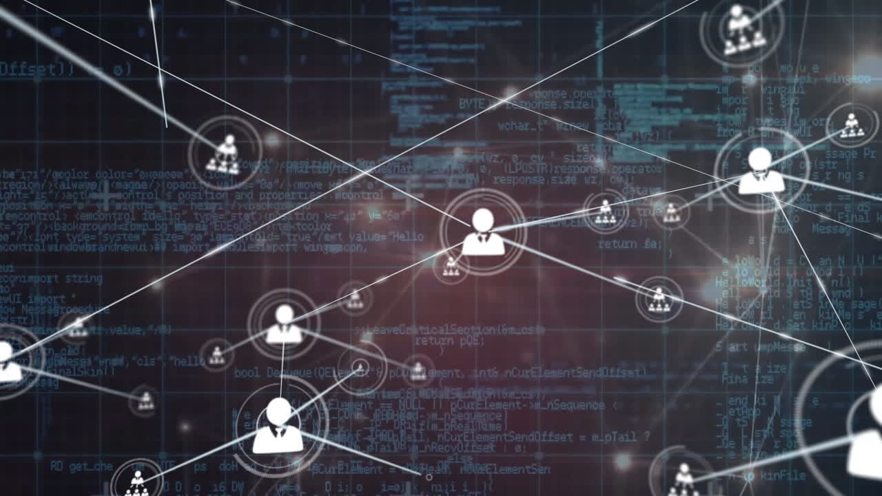 Animation of network of people icons over processing data on black background