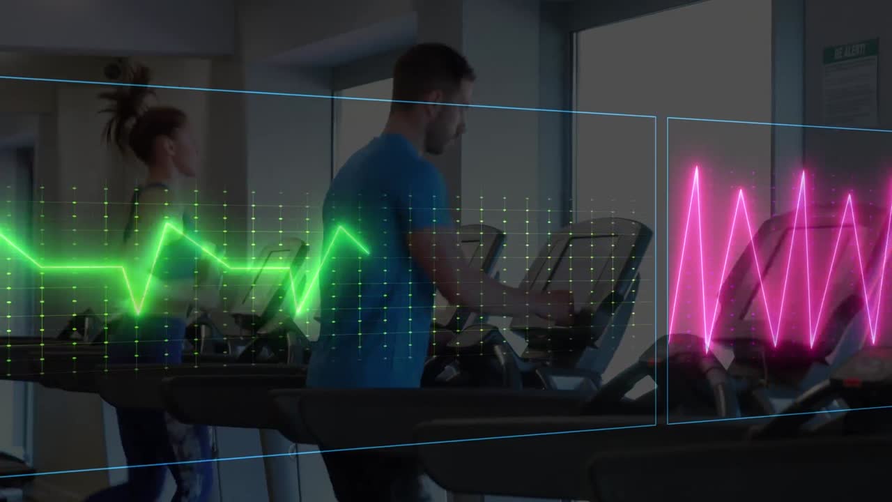 animación de cardiógrafo sobre diversas personas que hacen ejercicio