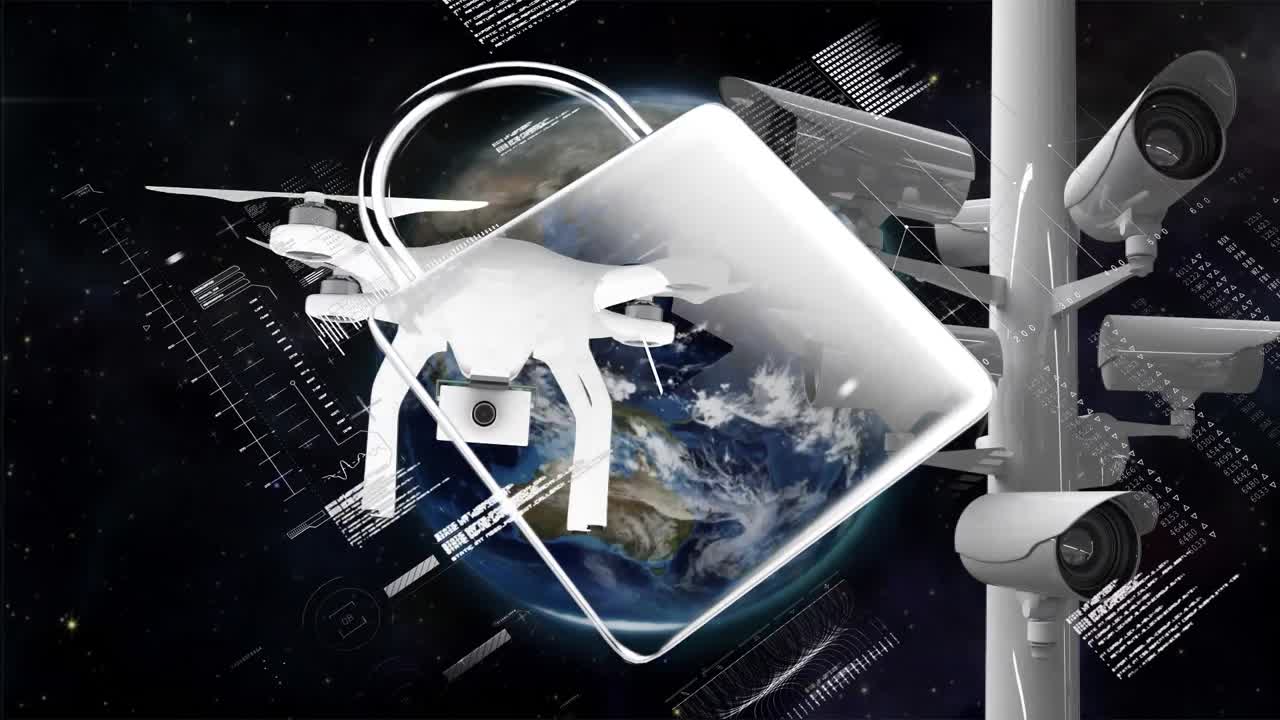 온라인 보안 락 아이콘의 애니메이션과 cctv 카메라와 글로브로 날아가는 드론