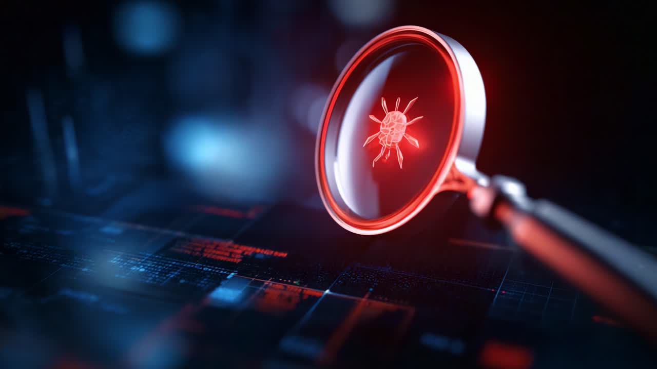 A Magnified View of a Virus Under a Red Magnifying Glass Highlighting Microbial Imagery with Digital Background Elements Representing Scientific Exploration and Research