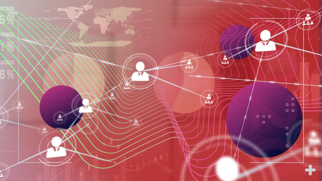 Animazione di icone di persone che si connettono con linee, motivi circolari e a onde su dati e grafici.