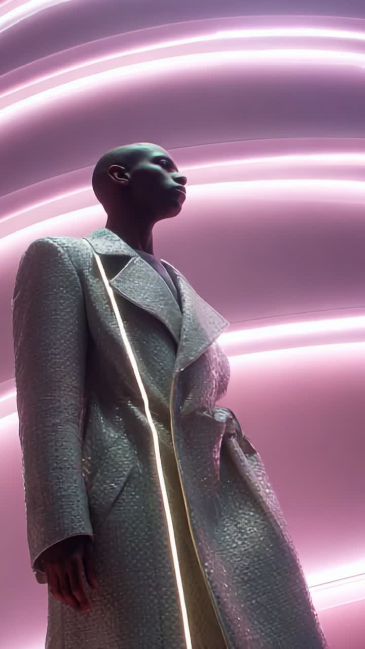 En topmodel i en elegant, moderne frakke poserer foran en baggrund af glødende lyserøde bølger, der udstråler en blanding af stil, kunst og innovation inden for mode.