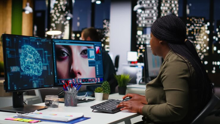 Sort grafisk designer bruger AI neurale netværk til at retouchere billeder