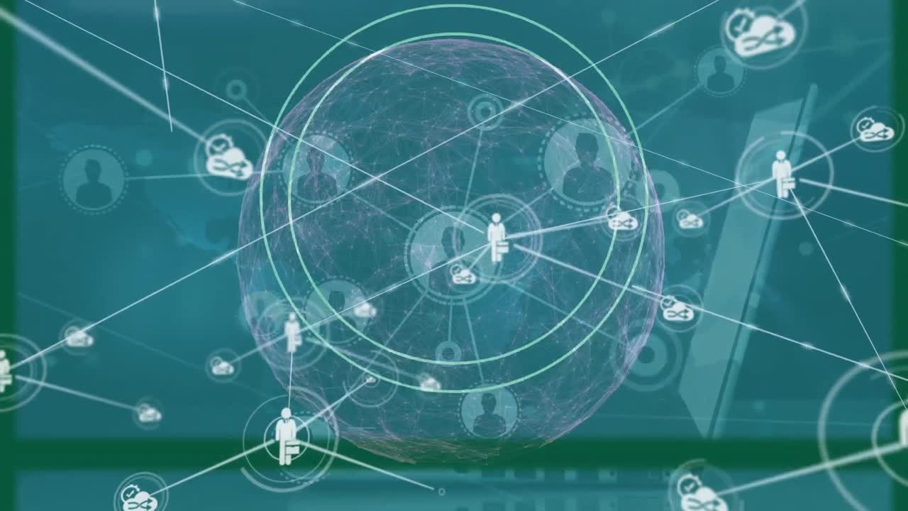 파란색 배경에 키보드에서 타이핑하는 손 위에 아이콘을 가진 연결 네트워크의 애니메이션.