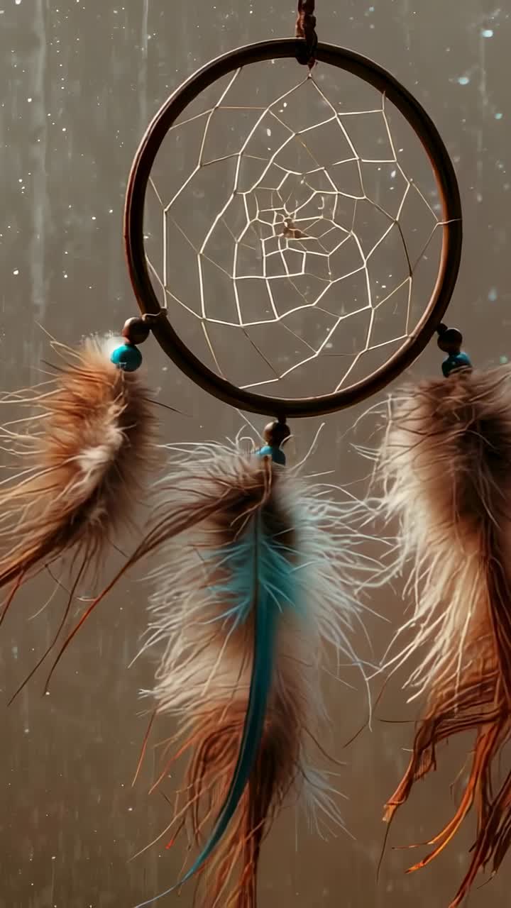 Vertical video: Falling raindrops causing dreamcatcher tassels swaying at home by window, with web