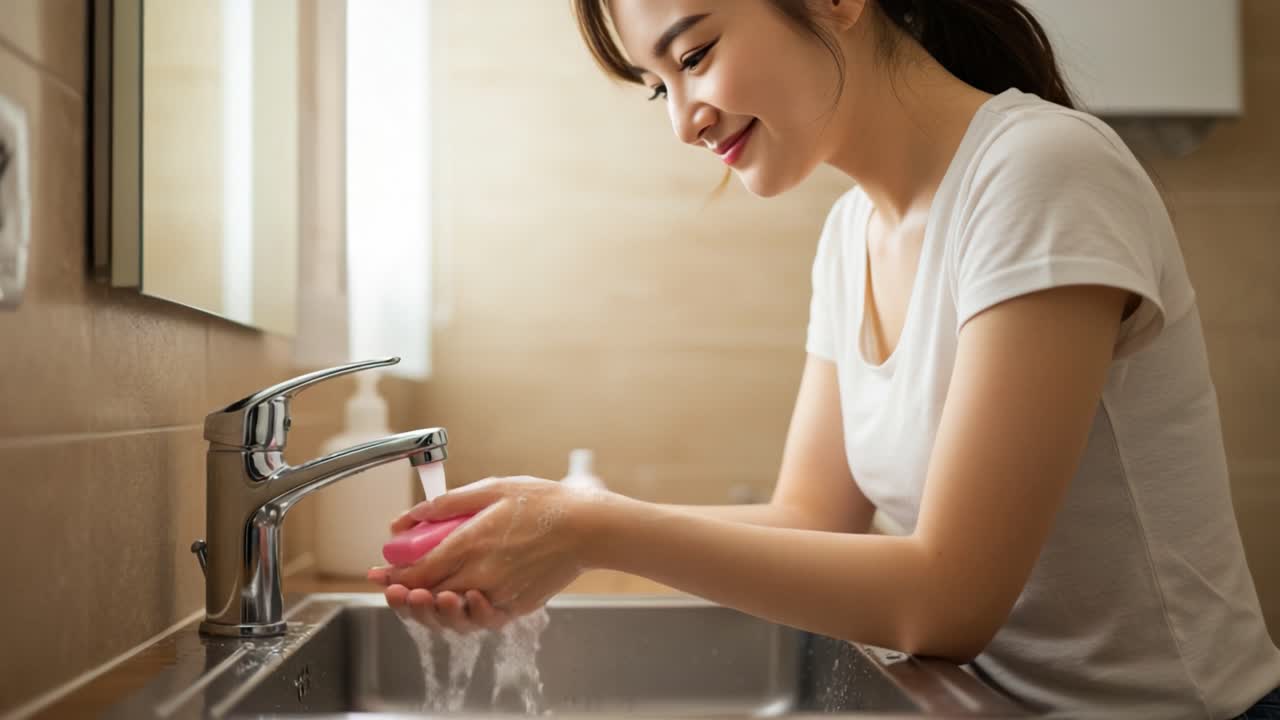 A woman joyfully engages in a refreshing handwashing routine at a modern sink, showcasing the importance of cleanliness and personal hygiene in everyday life