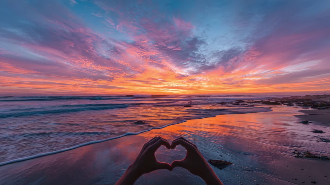 Um Pôr do Sol Sereno Sobre o Oceano: Capturando a Beleza da Natureza e do Amor com um Gesto em Forma de Coração Contra um Céu Colorido