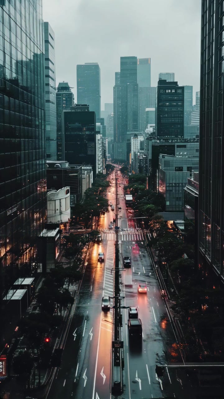 Lapso de tiempo del tráfico urbano en una calle mojada al anochecer