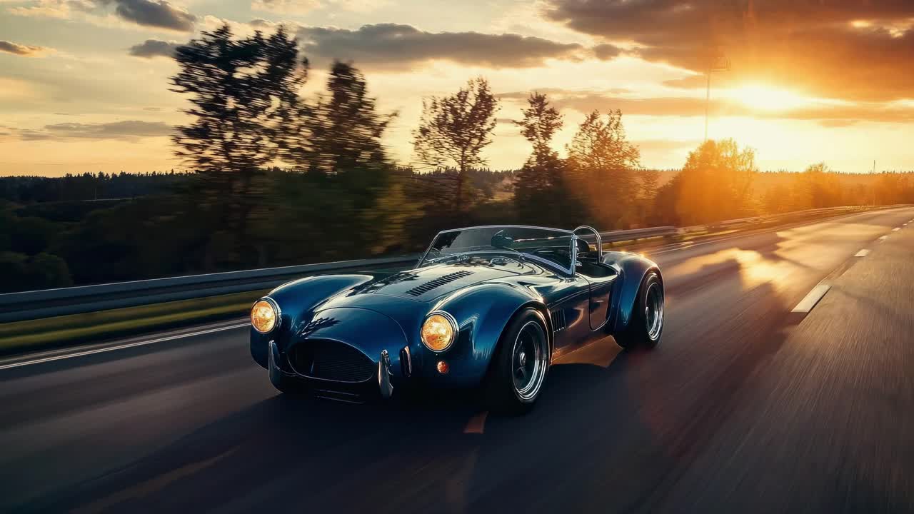 A low-angle shot captures a vintage blue sports car speeding on a highway at sunset