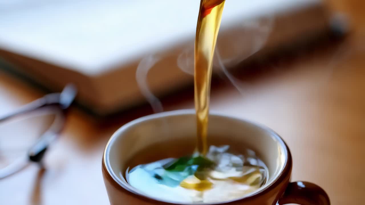 책에 의해 컵에 차를 부어