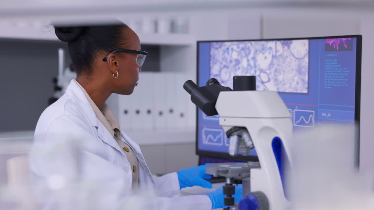 Medical, microscope and science with black woman