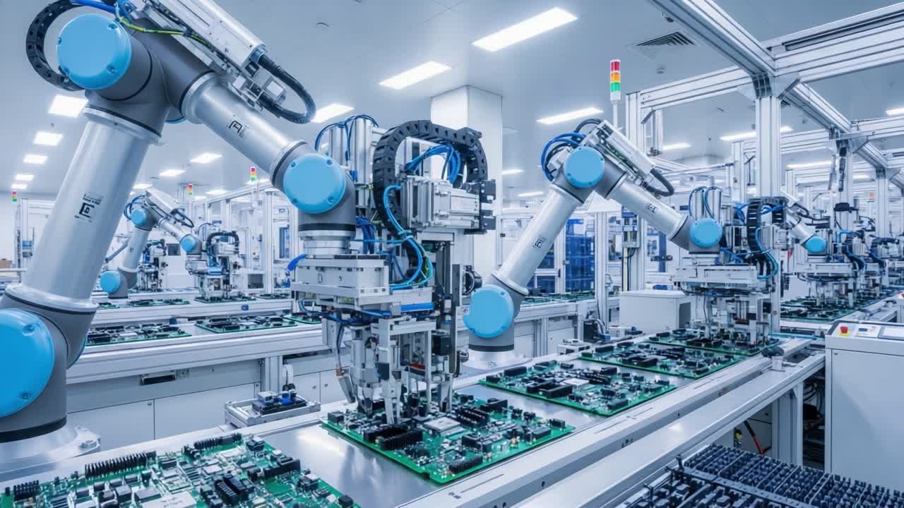 Automated Assembly Line Featuring Advanced Robotic Arms Collaborating on Circuit Board Manufacturing in a Modern Production Facility