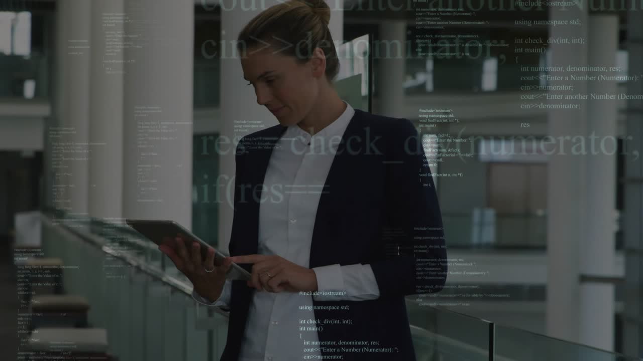 Woman tapping tablet and angling screen on glass rail in business atrium, activating data overlay