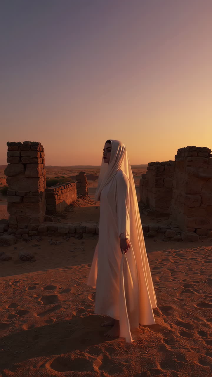Woman in Desert Ruins at Sunset