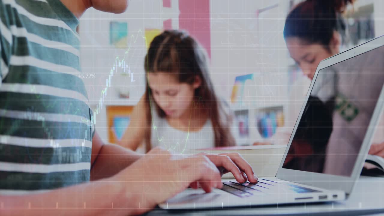 Animation of graph over hands of caucasian boy using laptop at school