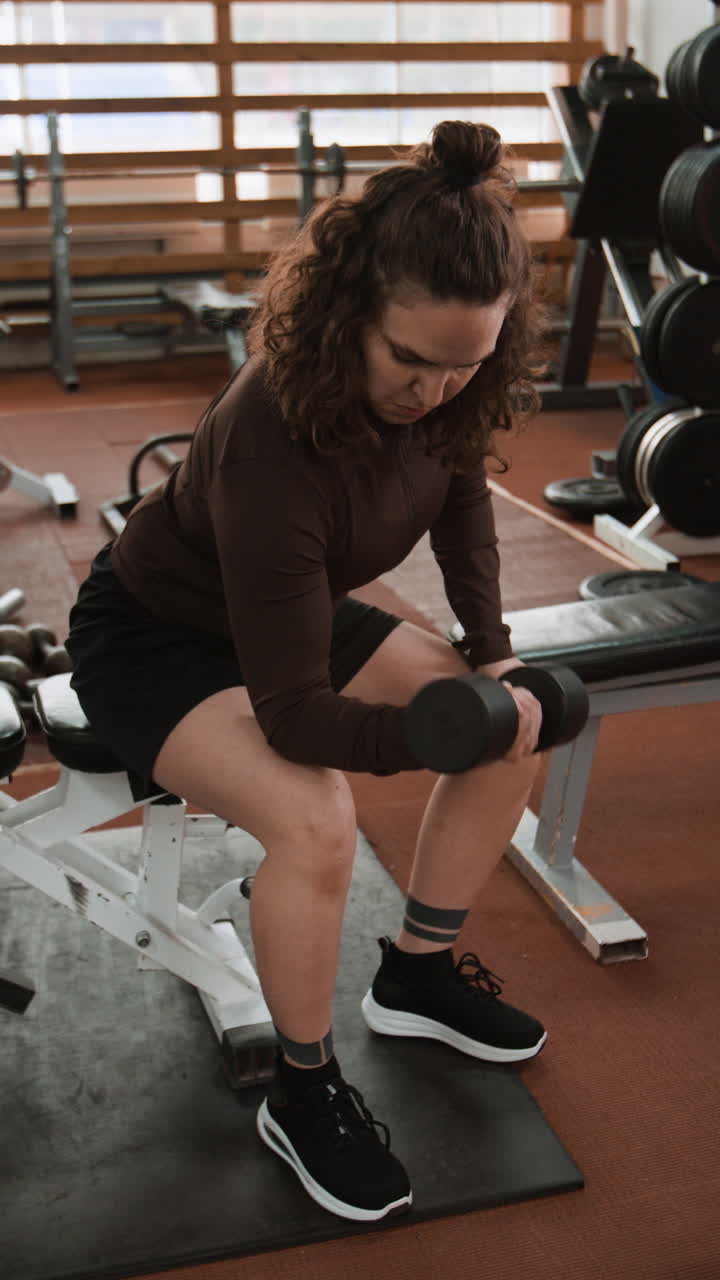 Woman doing dumbbell bicep curls in a gym