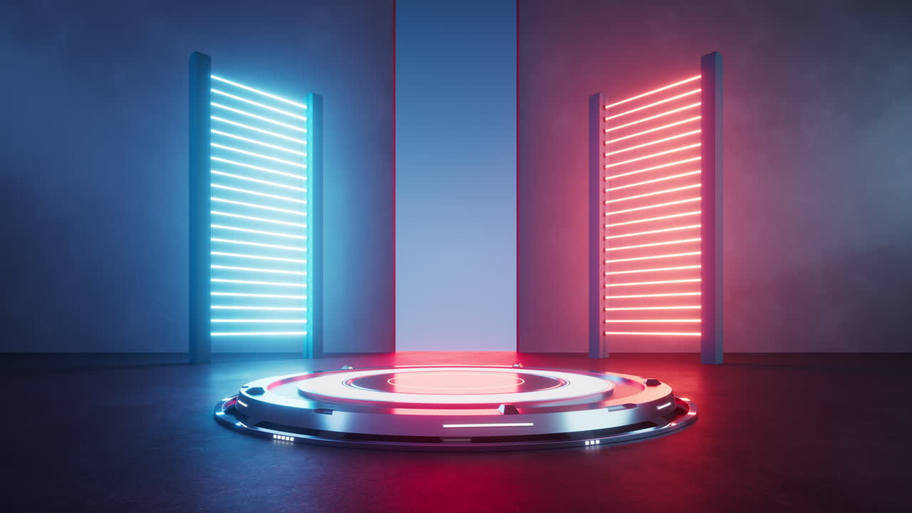 habitación oscura con luces de neón brillantes, renderización en 3d.