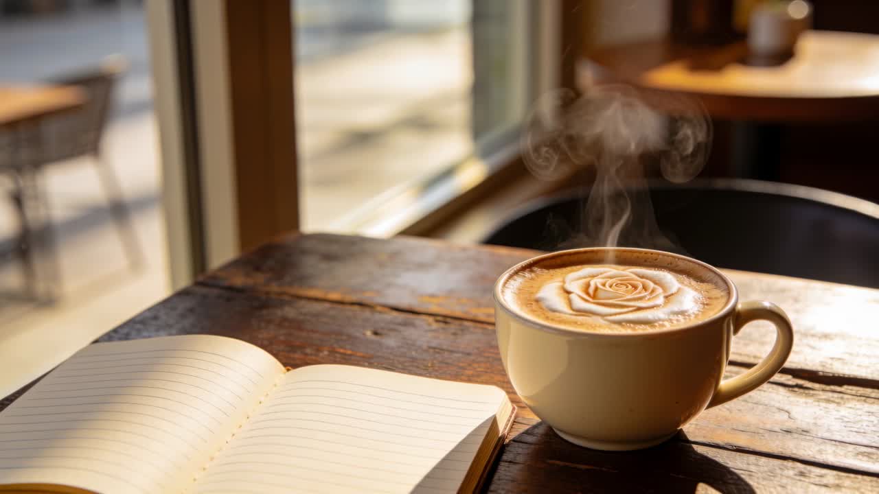 Video verticale: Tazza di latte posizionata vicino alla finestra, con vapore caldo che si innalza a spirale sopra un notebook in un bar.