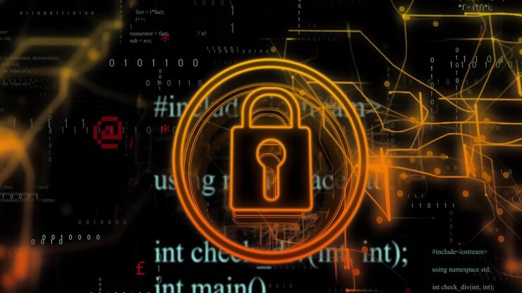 Padlock outline appearing with pulsing rings converging lines streaming code securing data flow