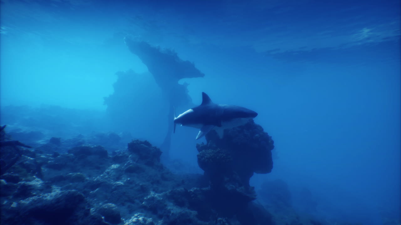 Majestic shark gliding through tranquil underwater landscape in ocean depths