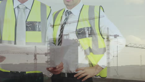 animation of building site over business people talking in office