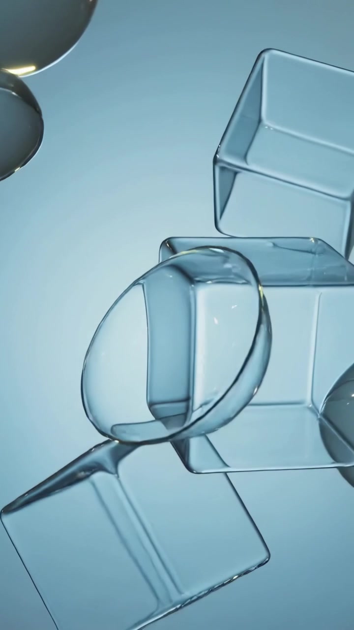 Central tilted cube rotating and guiding glass-like cubes and spheres, showing design reflections