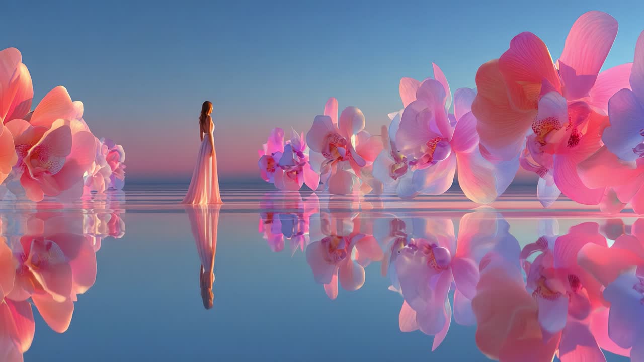 A surreal scene depicting a graceful figure standing in tranquility amidst a sea of vibrant pink orchids under a pastel sky, reflecting the beauty of nature and elegance
