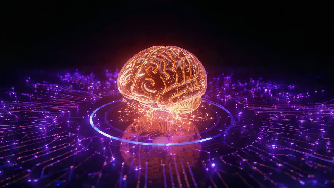 Cervello stilizzato pulsante che si attiva dopo che un anello blu si illumina su una piattaforma al neon, con scintille che si innalzano.