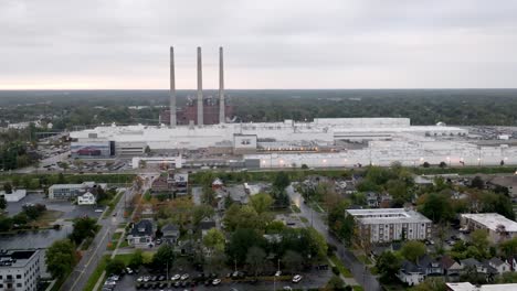 lansing, michigan general motors grand river assembly and stamping plant with drone video wide shot moving in