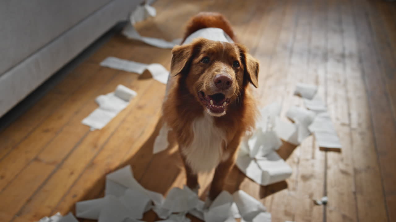 Cute pet misbehave home close up. Naughty dog unrolling chewing toilet paper