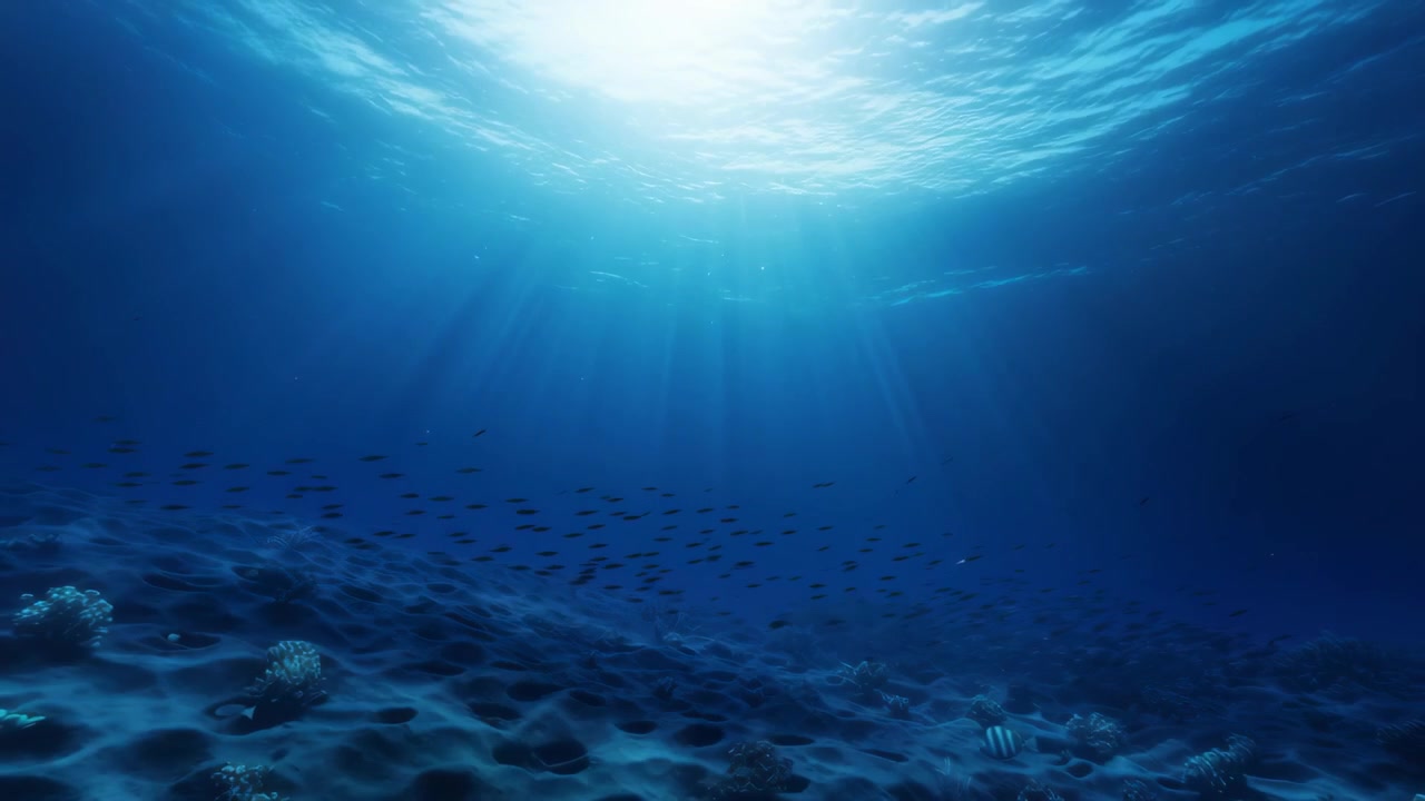 深い青い海水に差し込む太陽光線